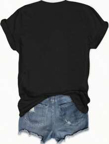 Lion & Letter Print T-Shirt, Casual Crew Neck Short Sleeve Daily Top, Women's Clothing - màu đen - Xem 3