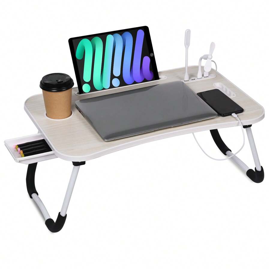 Laptop Bed Desk, Portable Foldable Laptop Table With USB Charging Port, Cup Holder & Storage Drawer, Lap Desk Tray For Bed, Sofa & Floor, Writing, Reading, Or Eating - trắng - Xem 1