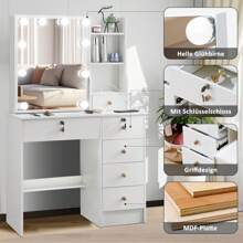 Vanity Dressing Table Set Bedroom Makeup Desk With LED Light Mirror Drawer Stool - White - View 7