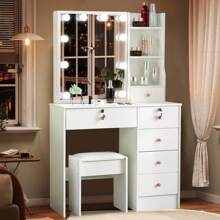 Vanity Dressing Table Set Bedroom Makeup Desk With LED Light Mirror Drawer Stool - White - View 1
