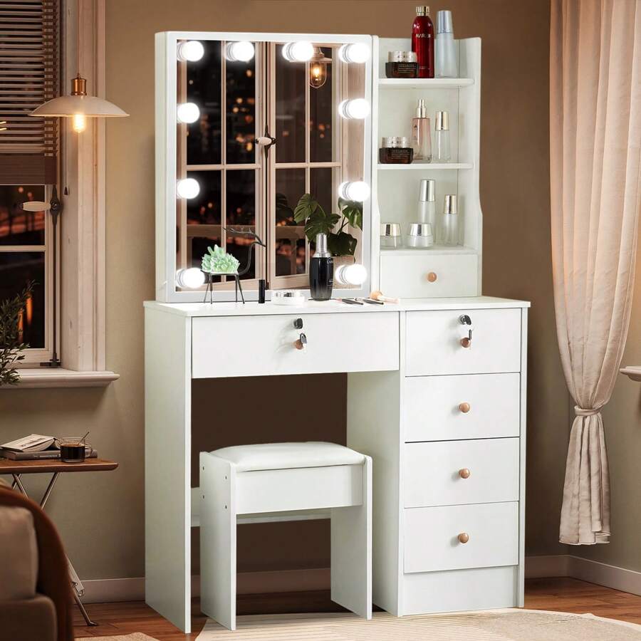 Vanity Dressing Table Set Bedroom Makeup Desk With LED Light Mirror Drawer Stool - White - View 1