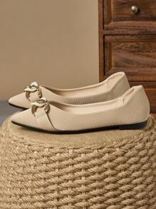 WHDXY Women's New Metal Buckle Flat Pointed Toe Slip-On Flats, Versatile Fashion Soft Bottom Casual Shoes, Soft Leather Comfortable Soft Sole Sweet Girl Style Loafers, Match Well With Dresses - Khaki - View 4