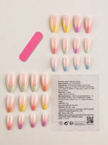 夏季多色法式新鮮彩虹中號杏仁形假指甲，包含24pcs假指甲，1支膠水和1支指甲剪貼式指甲美容工具 - 彩色 - 查看 2
