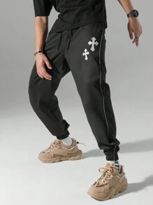 Men's Casual Tapered Cargo Pants With Embroidered Cross - Black - View 4