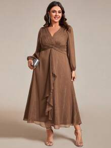 Plus Size Elegant Ruffle Twist Detail Brown Bridesmaid Dress, Long Sleeve Formal Gown For Wedding Guest, Holiday Dress