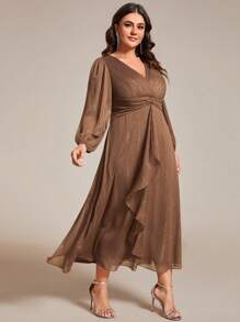 Plus Size Elegant Ruffle Twist Detail Brown Bridesmaid Dress, Long Sleeve Formal Gown For Wedding Guest, Holiday Dress