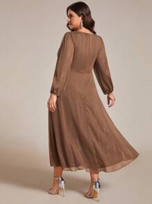 Plus Size Elegant Ruffle Twist Detail Brown Bridesmaid Dress, Long Sleeve Formal Gown For Wedding Guest, Holiday Dress