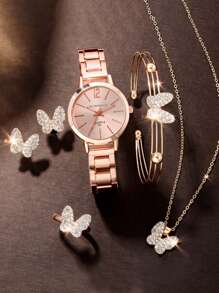 6 件时尚玫瑰金钢带女士石英表带指针显示，饰有蝴蝶和钻石；包括戒指、耳环、项链和手链首饰套装，作为返校学生的礼物 - 玫瑰金 - 查看 1