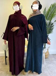 秋冬女式灯芯绒全封闭式长袍蝴蝶结袖休闲长裙带口袋摩洛哥阿拉伯长袍酒红色 - 酒紅色 - 查看 2