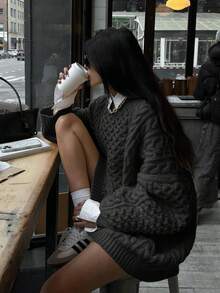 Áo len dệt kim cổ tròn dài tay trễ vai màu trơn thời trang thường ngày ấm áp cho nữ, mặc hàng ngày ngày lễ, quần áo rộng thùng thình, áo len dệt kim, mùa thu đông - màu đen - Xem 5