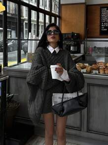 Áo len dệt kim cổ tròn dài tay trễ vai màu trơn thời trang thường ngày ấm áp cho nữ, mặc hàng ngày ngày lễ, quần áo rộng thùng thình, áo len dệt kim, mùa thu đông - màu đen - Xem 3