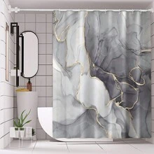 Marble Pattern Printed Bath Curtain Set, Toilet Seat Cover, U-Shape Mat, Bath Mat, Waterproof Bathtub Curtain, Bathroom Accessories With Hooks Home Bathroom Decor Fall Decor Back To School