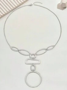 1pc Fashionable & Elegant Geometric Hollow Circle & Rectangle Splice Long Necklace, Metal Style Jewelry, Suitable For Party, Dress Matching - Silver - View 2