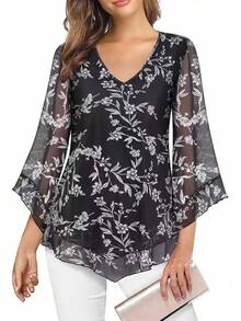 Camicetta con scollo a V, in chiffon, con volant asimmetrici, maniche a 3/4 - nero - Visualizzare 2