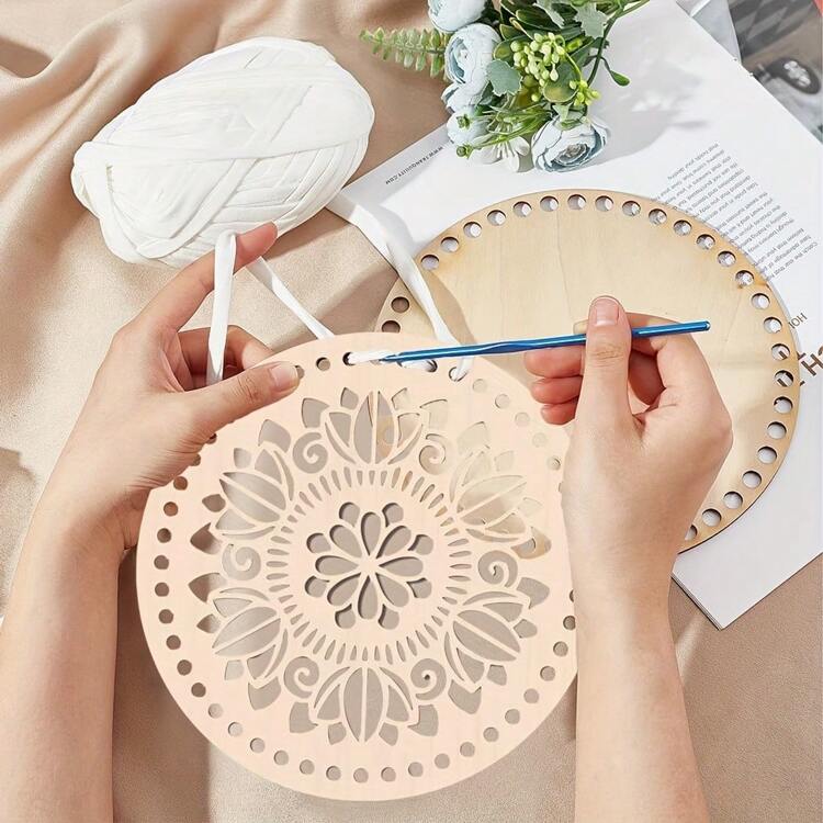 6pcs Set Apricot Crochet Basket With Wooden Bottom And Lid - DIY Weaving Kit For Creative Craft, Dream Theme - Wood Color - View 1