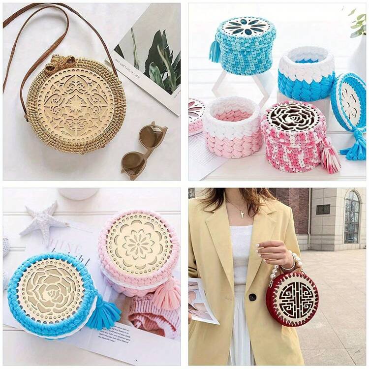 6pcs Set Apricot Crochet Basket With Wooden Bottom And Lid - DIY Weaving Kit For Creative Craft, Dream Theme - Wood Color - View 5