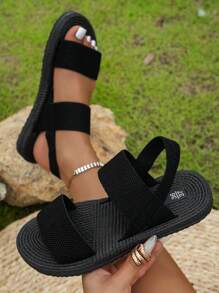 女孩厚底轻便柔软舒适防滑休闲平底双带绳趾环罗马凉鞋沙滩拖鞋，春夏