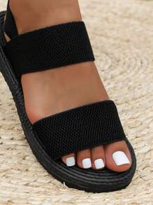 女孩厚底轻便柔软舒适防滑休闲平底双带绳趾环罗马凉鞋沙滩拖鞋，春夏