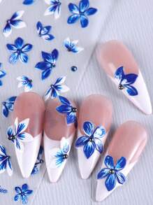 2 miếng dán móng tay họa tiết hoa ombre xanh dương, in hình cánh hoa dâm bụt xanh trắng, trang trí móng tay tự dính kiểu Y2K, dụng cụ làm móng. - Nhiều màu - Xem 7