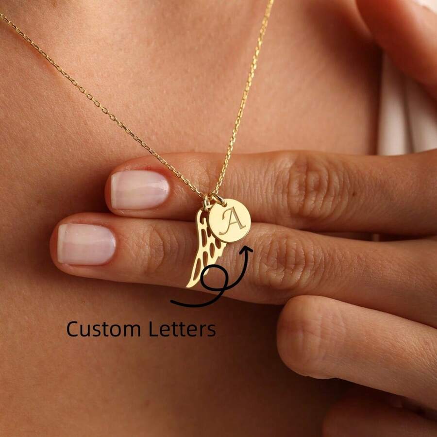 Customized Commemorative Wing Necklace, Personalized Hollowed Out Angel Wing Letter Pendant Necklace As A Gift For Mom - Wing Necklace - View 1
