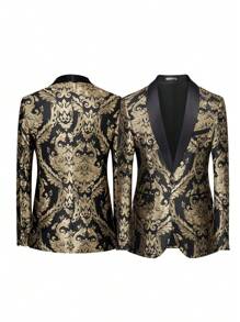 Traje de esmoquin para hombre - Conjunto de 2 piezas de ajuste regular que comprende chaqueta blazer con estampado floral, chaleco y pantalones para bodas y bailes de graduación (Dorado+Negro) - Negro - Ver 2