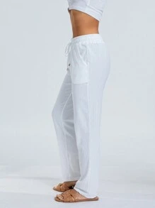 Women's Loose Trousers Casual Solid Color Wide-Leg Trousers Drawstring Design Fashion Bottoms Long Pants - 白色 - 查看 7