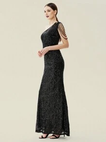 Women's Sequin Prom Dress - One Shoulder Maxi Dress Gowns And Evening Dresses For Party Wedding Guest - Black - View 2