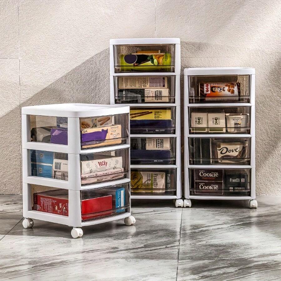 Large Plastic 3/4/5 Drawer Tower Cabinet Home Organization Closet Storage Container Makeup Case Removeable Wheels Bedroom - White - View 1