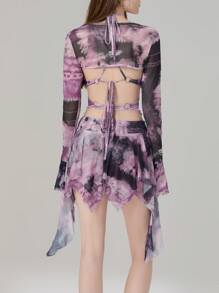 Women Y2k Butterfly Outfit 3 Piece Backless Long Sleeve Crop Top Mini Skirt Sets Rave Festival Fairy Streetwear Fairycore Beach Club - 紫色 - 查看 7