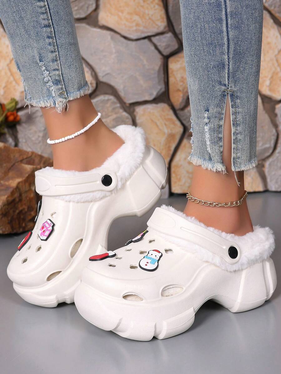 Zapatillas de mujer con diseño de agujeros elevados de 7,5 cm de suela gruesa y forro térmico - Blanco - Ver 1