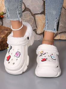 Zapatillas de mujer con diseño de agujeros elevados de 7,5 cm de suela gruesa y forro térmico - Blanco - Ver 2