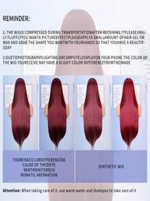 Peruka syntetyczna z przodu z koronką 13*4, 26 cali, gęstość 180%, kolor czarny, z baby hair, bez kleju, odporna na ciepło i oddychająca, materiał z włókien syntetycznych, naturalna linia włosów, swobodne rozstanie, odpowiednia na imprezy i do noszenia na co dzień - Burgund - Zobacz 6