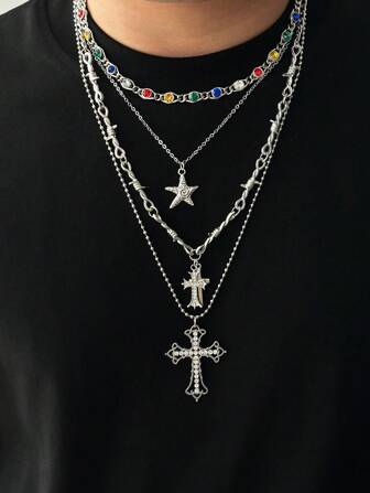 4pcs Retro Hip Hop Crystal Cross & Star Shaped Pendant Necklace, Suitable For Men's Party & Occasions
