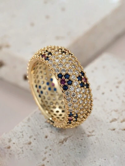 CUCCOO SZL 1 件铜镶嵌 5 排方晶锆石戒指，18K 镀金方形 CZ 戒指，独特设计适合男士和女士