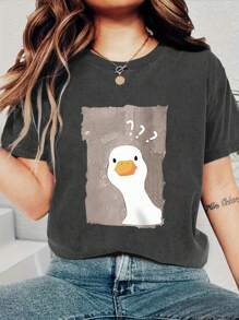 Cartoon Duck Print Ladies Casual Round Neck Short Sleeve T-Shirt Summer