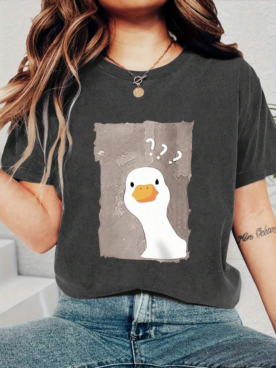 Cartoon Duck Print Ladies Casual Round Neck Short Sleeve T-Shirt Summer