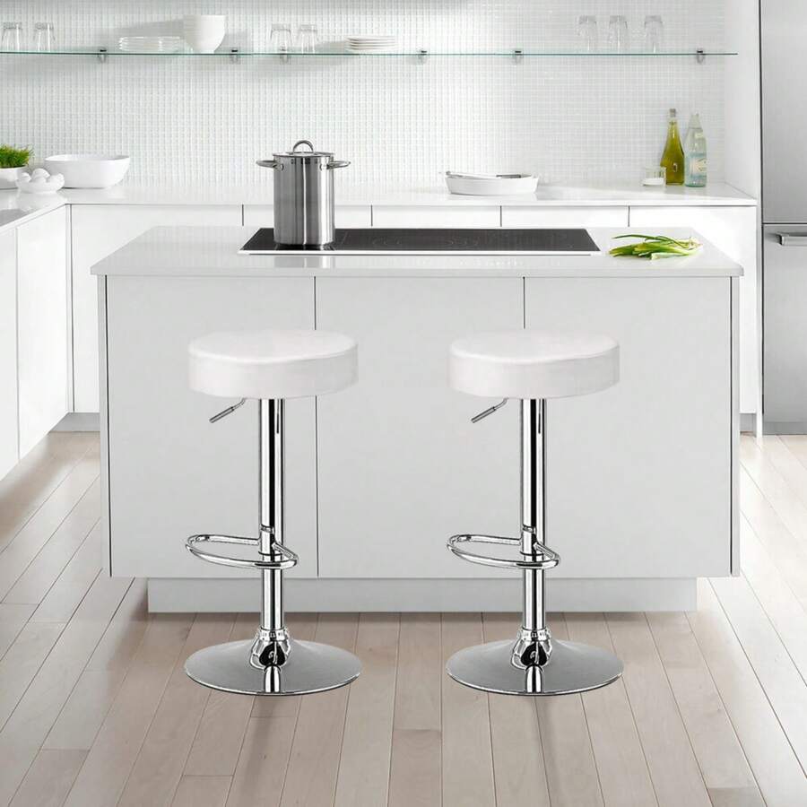 Set Of 2 Round Bar Stools Adjustable Swivel Counter Pub Chairs White