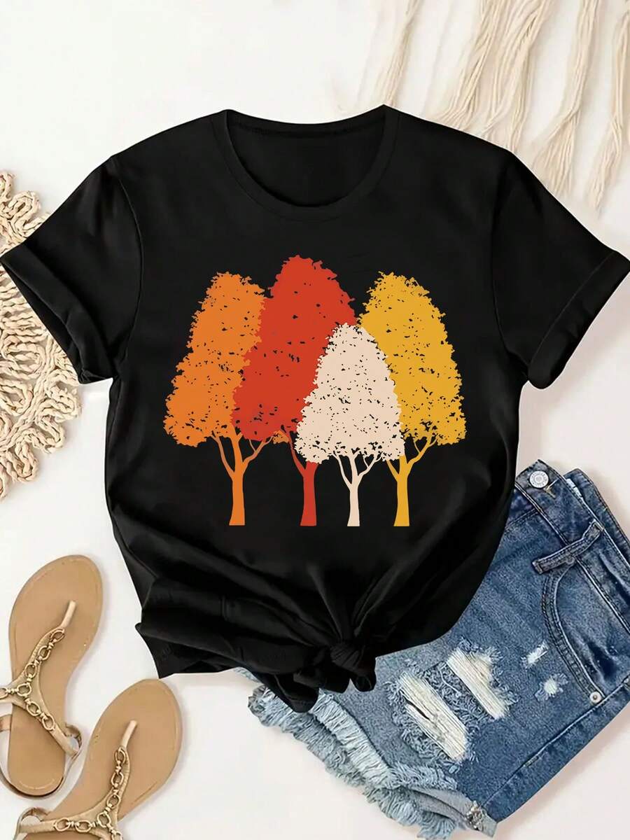 Camiseta de mujer con estampado de arce, moda de verano para mujer, informal, cómoda, suave, deportiva, fitness, para uso diario al aire libre, camiseta de manga corta con cuello redondo transpirable - Negro - Ver 1
