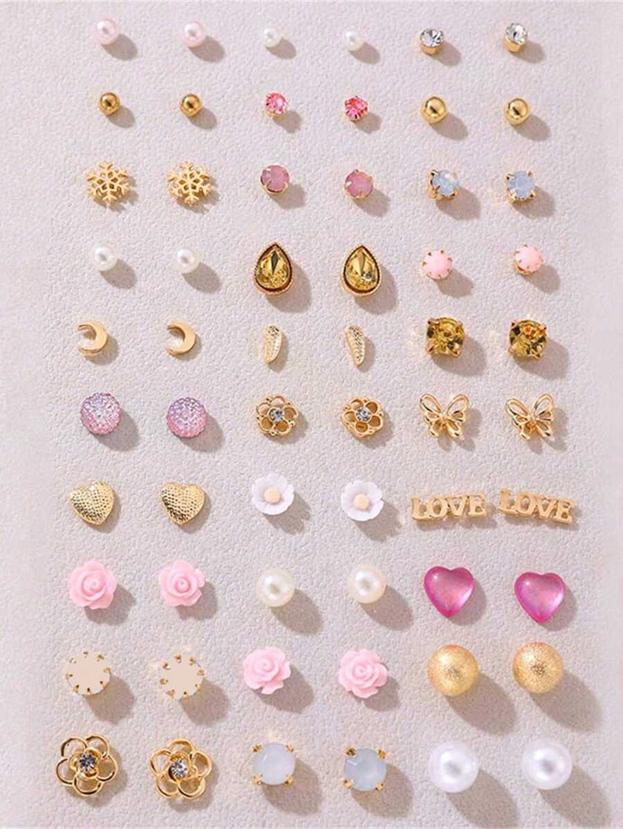 NAIZHU 30 对粉色花朵、心形、蝴蝶结可爱甜美风格耳环套装，适合女孩 - 彩色 - 查看 1