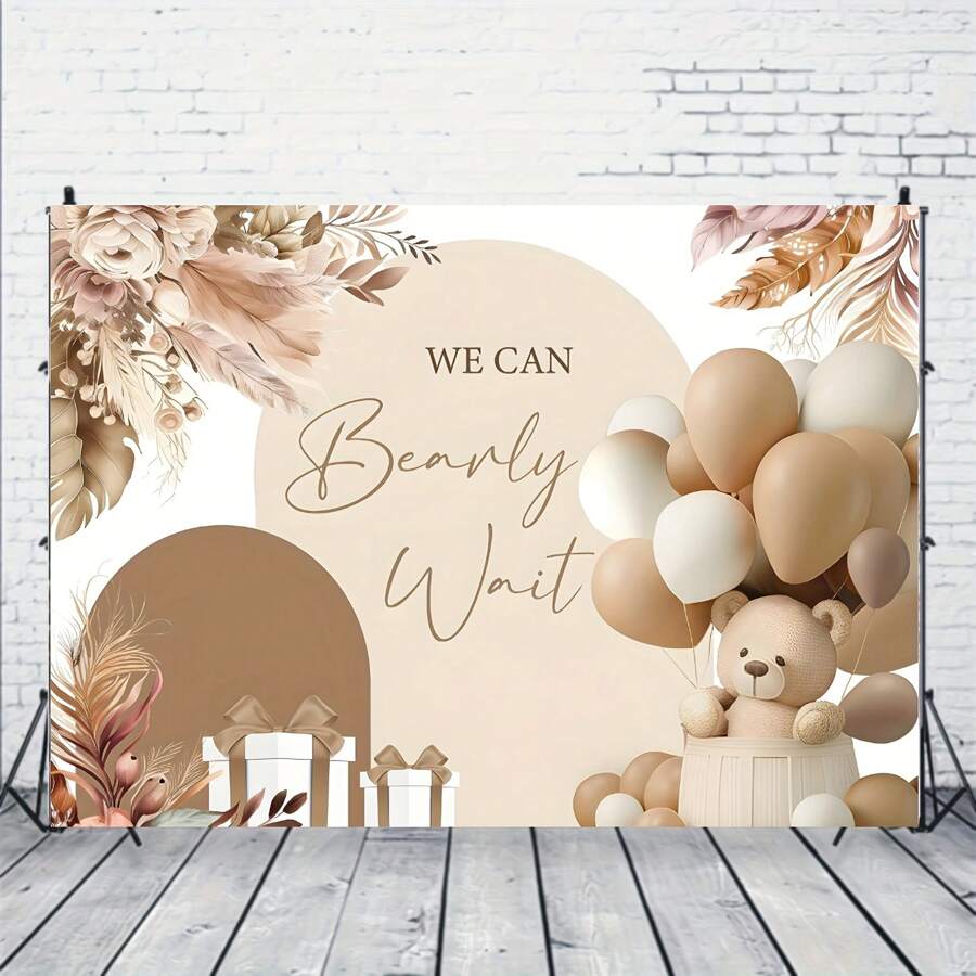 Encantador fondo para fiesta de ducha con oso y globo - Diseño de flores rosas y juncos, no requiere electricidad - Perfecto para cumpleaños y celebraciones - Multicolor - Ver 1