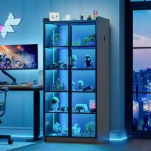 HNEBC Tall Storage Cabinet Up To 70", LED Kitchen Pantry Cabinet With Human Body Induction, 5 Tier Bookcase Display Cabinet With Adjustable Shelves For Living Room Office - màu đen - Xem 9