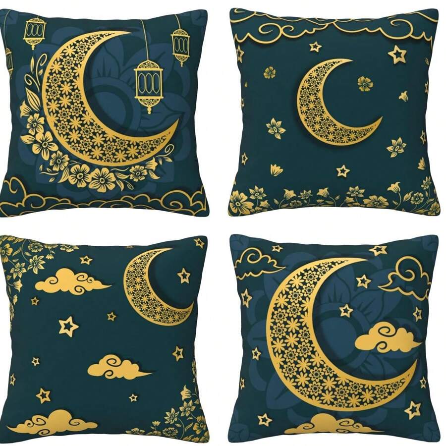 Fronha de estrela com 4 peças, fronha de paisagem natural, decoração de lua dourada e estrela, capa de almofada para sofá, um lado, sem núcleo de almofada - Azul marinho - Ver 1