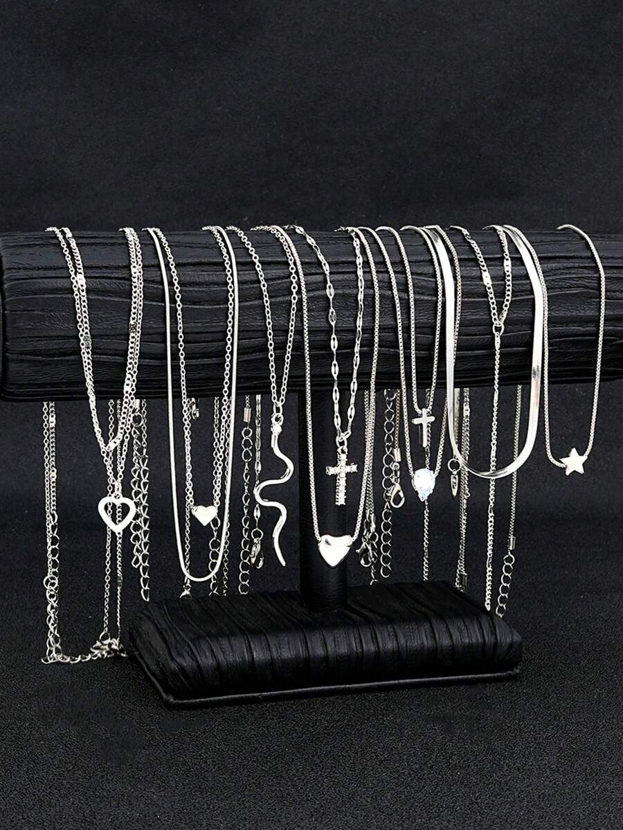 12 件/套心形、星星、蛇形、水钻吊坠项链套装，适合女士，约会、度假、日常搭配礼物（无盒）情人节、妈妈、母亲、母亲节、礼物 - 銀色 - 查看 1