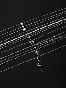 12 件/套心形、星星、蛇形、水钻吊坠项链套装，适合女士，约会、度假、日常搭配礼物（无盒）情人节、妈妈、母亲、母亲节、礼物 - 銀色 - 查看 2
