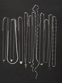 12 件/套心形、星星、蛇形、水钻吊坠项链套装，适合女士，约会、度假、日常搭配礼物（无盒）情人节、妈妈、母亲、母亲节、礼物 - 銀色 - 查看 3