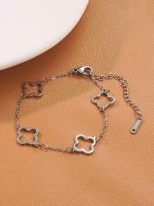 1 Set Minimalist & Elegant Stainless Steel Chain Bracelet & Bangle Decorated With Clover Element & Crystal Glass, Suitable For Women To Wear At Banquet, Daily Fashion, Commuting Or As Festival Gift