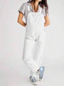 Women Denim Long Jumpsuit Casual Spaghetti Strap Wide Leg Romper Pants Summer Baggy Bib Overalls - 白色 - 查看 2