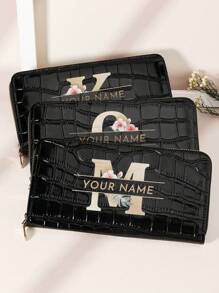 1 pieza Billetera larga personalizada con firma, billetera larga con diseño de firma personalizada, billetera larga con firma personalizada, billetera larga personalizada con firma, versátil monedero largo con cierre, patrón de inicial de la A a la Z, versátil monedero con cierre para tarjetas, portador de tarjetas gráfica con letra, organizador de tarjetas multiuso para almacenar tarjetas de crédito, útiles escolares para la escuela o dormitorio, regalo de San Valentín - Negro - Ver 6