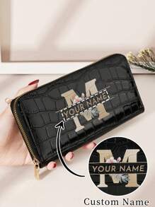 1 pieza Billetera larga personalizada con firma, billetera larga con diseño de firma personalizada, billetera larga con firma personalizada, billetera larga personalizada con firma, versátil monedero largo con cierre, patrón de inicial de la A a la Z, versátil monedero con cierre para tarjetas, portador de tarjetas gráfica con letra, organizador de tarjetas multiuso para almacenar tarjetas de crédito, útiles escolares para la escuela o dormitorio, regalo de San Valentín - Negro - Ver 4