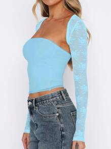 Conjunto de 2 piezas de verano para mujer con parte superior de encaje de manga larga y conjunto de bandeau de unicolor - Azul - Ver 2